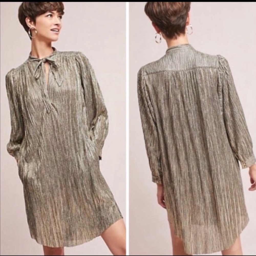 Anthropologie Sabina Musayev Eugene Shimmer Dress Gold Long Sleeve Small NWTS